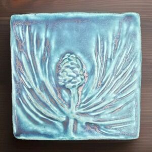 Pewabic Pottery Tile 5x5 Turquoise Pine Cone Design Detroit Studio 2004